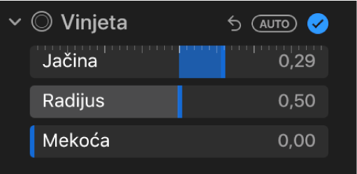 Kontrole Vinjeta u prozoru Prilagodi s prikazom kliznika Jačina, Radijus i Mekoća.