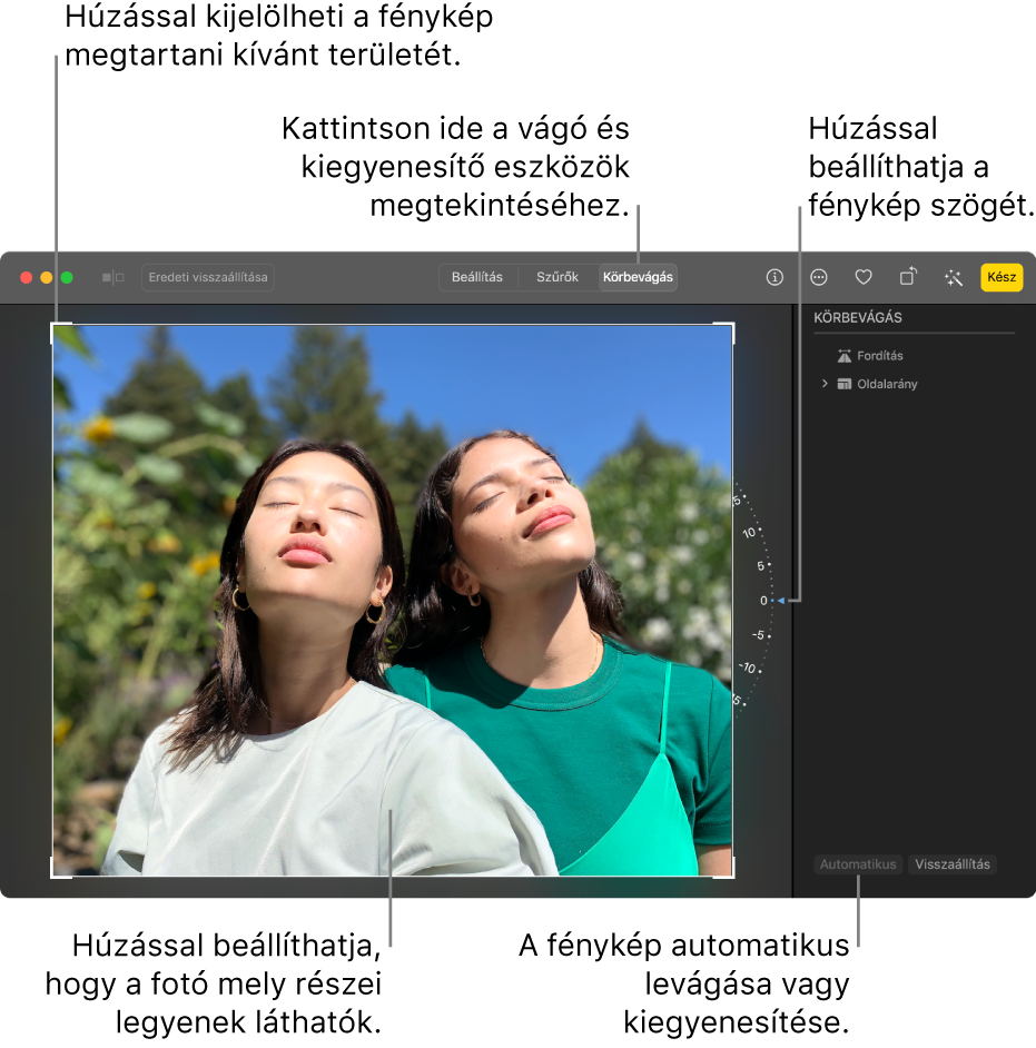 Egy fotó szerkesztési nézetben, az eszközsoron kijelölt Körbevágás elemmel, a fotót körülvevő kijelölési téglalappal, a fotó jobb oldalán található döntésbeállító kerettel és egy Automatikus gombbal a jobb alsó részen.