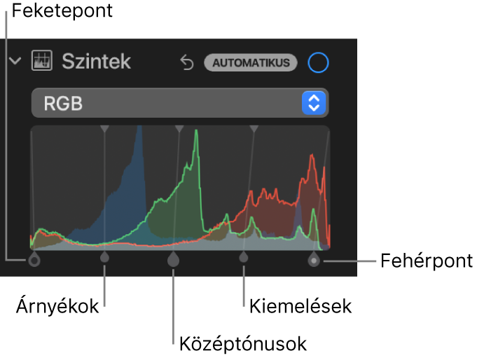 A Beállítás panel szintek vezérlői az RGB-hisztogrammal és az alatta látható fogókkal, többek közt (balról jobbra) a feketepont, az árnyékok, a középtónusok, a csúcsfények és a fehérpont vezérlőivel.