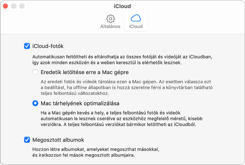 A Fotók beállításainak iCloud panelje.