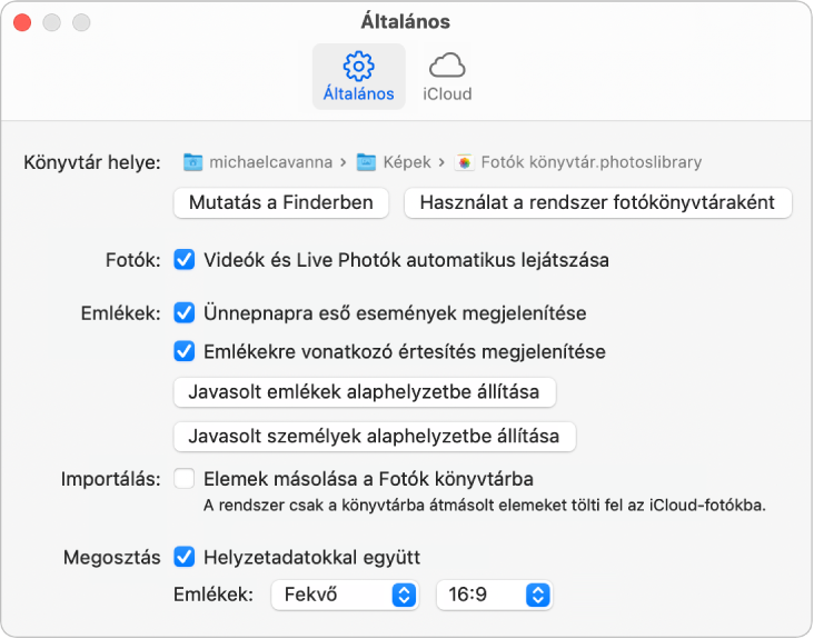 A Fotók beállításainak Általános panelje.