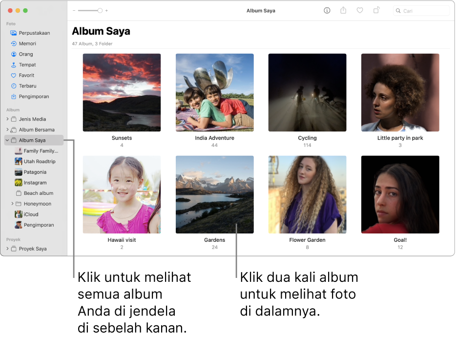 Jendela Foto dengan Album Saya dipilih di bar samping, dan album yang telah Anda buat ditampilkan di jendela sebelah kanan.