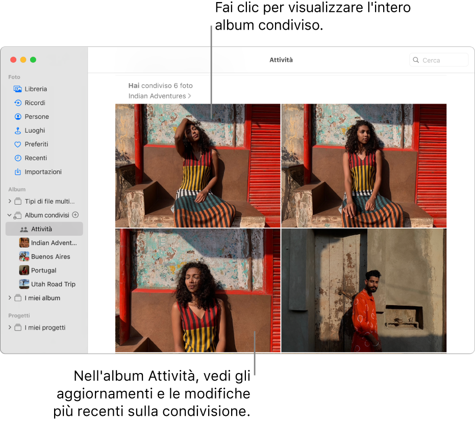 Finestra di Foto con Attività selezionato nella barra laterale e l'album Attività mostrato a destra.