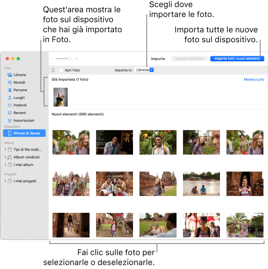 Le foto già importate nel dispositivo sono visualizzate nella parte superiore del pannello. Le nuove foto sono nella parte inferiore. Nella parte superiore, al centro, è disponibile il menu a comparsa “Importa in”. Il pulsante “Importa tutti i nuovi elementi” si trova in alto a destra.