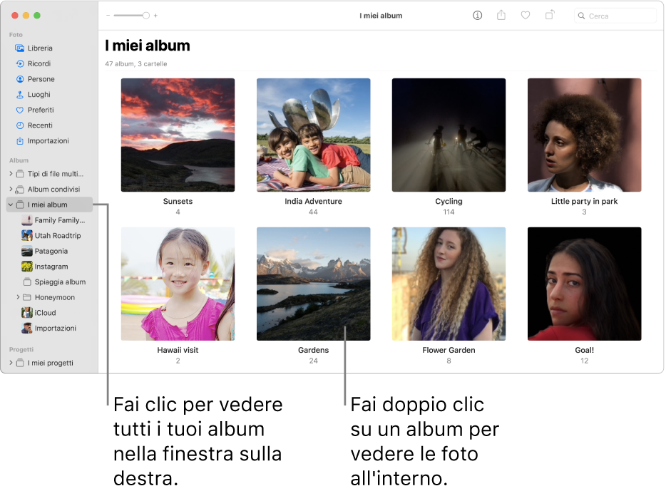 La finestra Foto con la cartella “I miei album” selezionata sulla barra laterale e gli album creati da te nella finestra a destra.