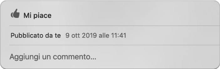 Una finestra con le opzioni “Mi piace” e Commento per una foto condivisa.