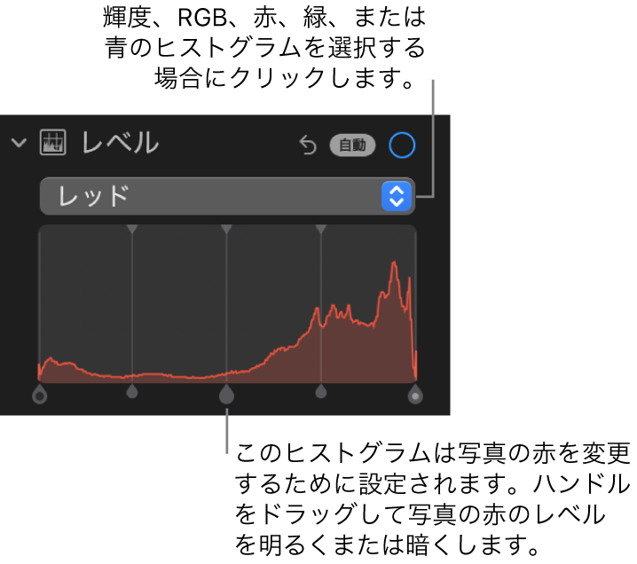 「調整」パネルの「レベル」コントロール。写真の赤レベルを調整するためのハンドルが下にある「赤」ヒストグラムが表示されています。