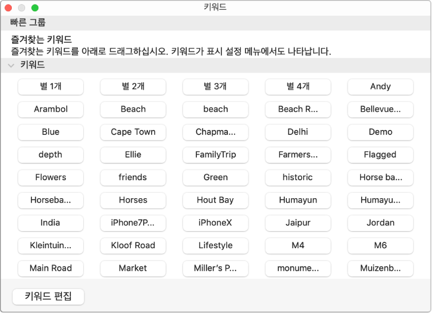 상단에는 빠른 그룹 영역, 왼쪽 하단에는 키워드 편집 버튼이 있는 키워드 관리자 윈도우의 키워드.