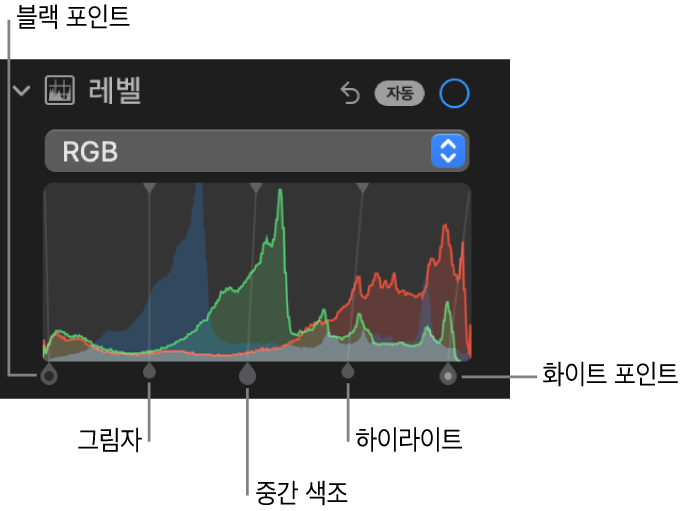 왼쪽부터 오른쪽으로 블랙 포인트, 그림자, 중간 색조, 하이라이트 및 화이트 포인트를 포함한 RGB 히스토그램과 아래 핸들을 보여주는 조절 패널의 레벨 제어기.