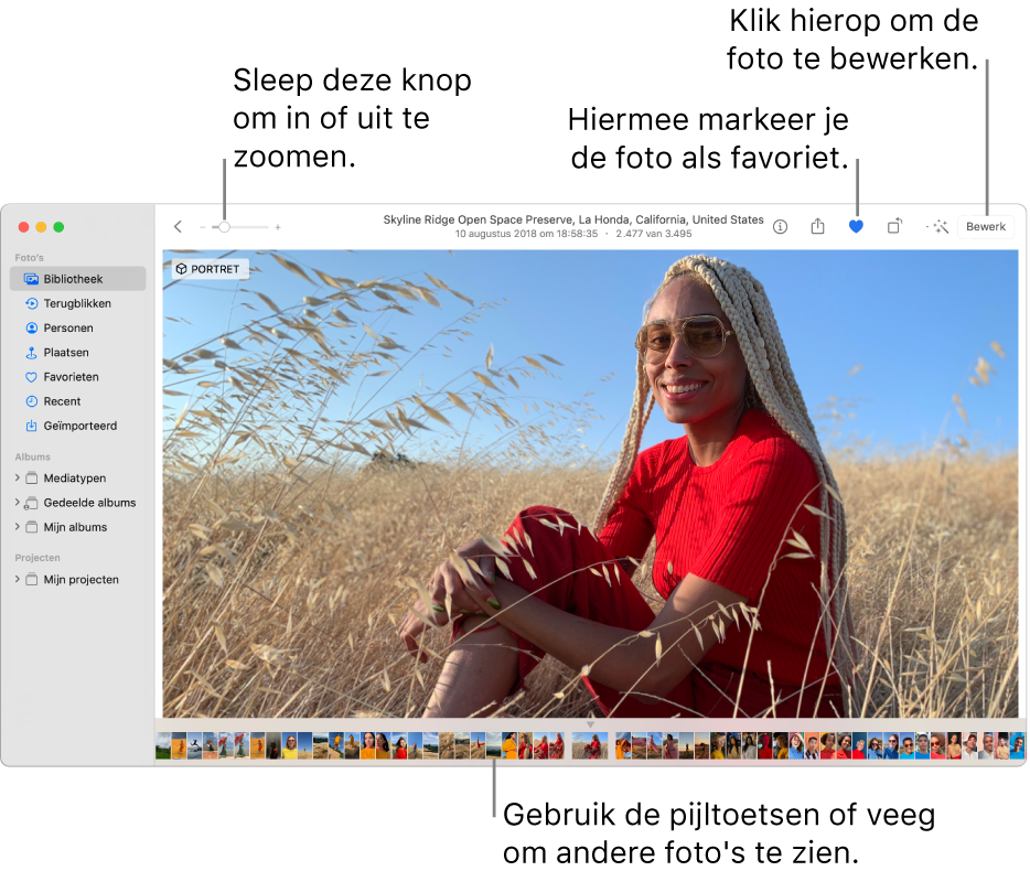 Het Foto's-venster met een vergrote foto aan de rechterkant met daaronder een rij met miniaturen. De knoppenbalk bovenin bevat de zoomschuifknop, de favorietenknop en de knop 'Bewerk'.