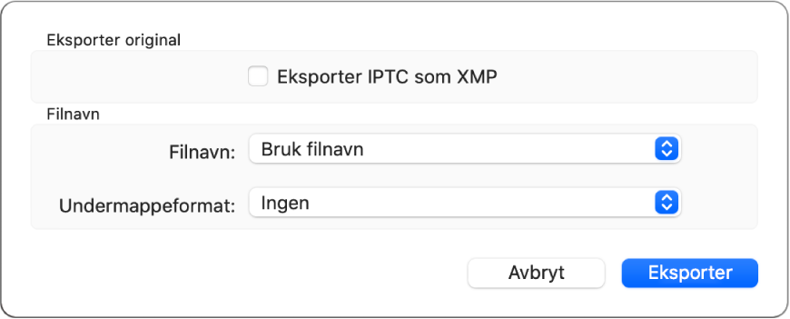 En dialogrute som viser valg for å eksportere bildefiler i sitt opprinnelige format.