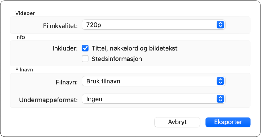 En dialogrute viser valg for å eksportere videoer.