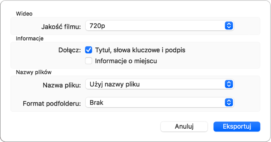 Okno dialogowe pokazujące opcje eksportowania wideo.