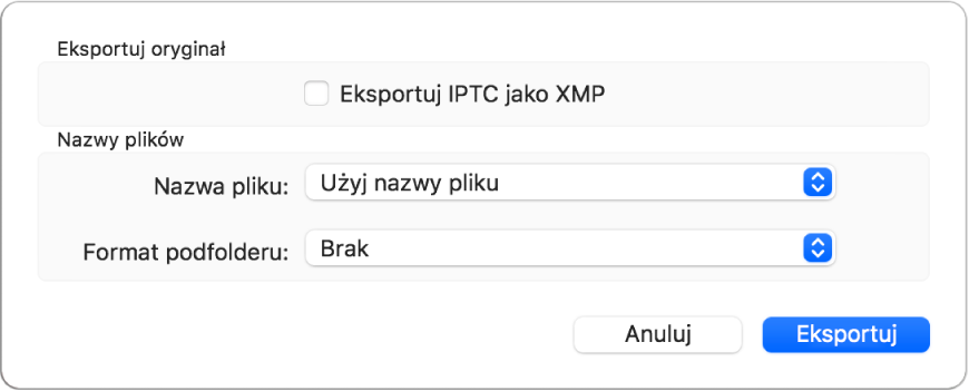 Okno dialogowe pokazuje opcje eksportowania plików zdjęć w ich oryginalnym formacie.