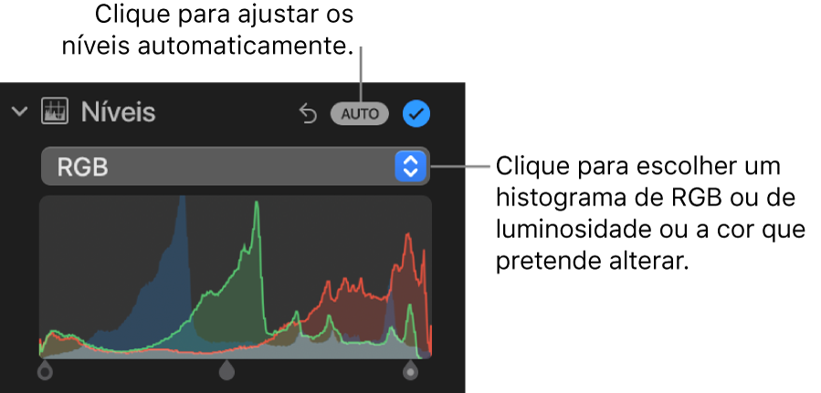 Os controlos de níveis no painel Ajustar com o botão Automático na parte superior direita e o histograma RGB por baixo.