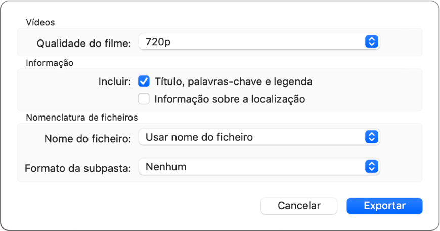 Uma caixa de diálogo a mostrar as opções para exportar vídeos.