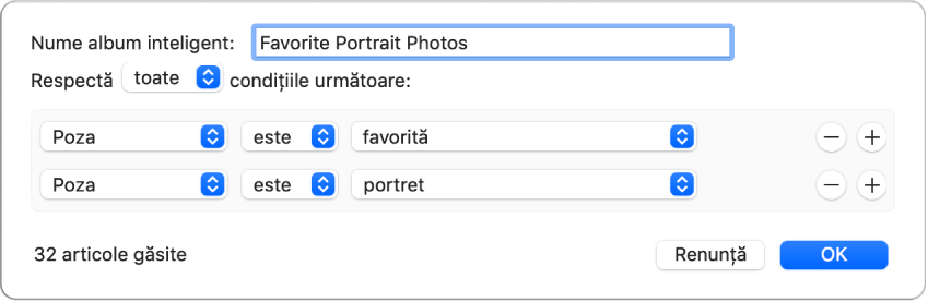 Un dialog care afișează criteriile pentru un album inteligent care colectează poze portret care au fost marcate drept favorite.