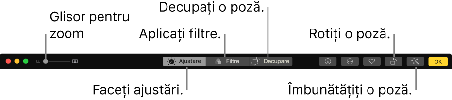 Bara de instrumente de editare afișând un glisor Zoom și butoanele pentru ajustări, adăugarea filtrelor, decuparea, rotirea și îmbunătățirea pozelor.