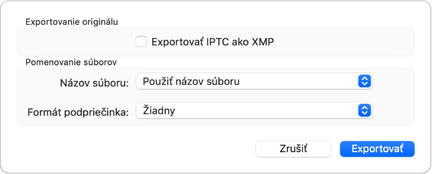 Dialógové okno zobrazujúce možnosti pre exportovanie súborov fotiek v pôvodnom formáte.