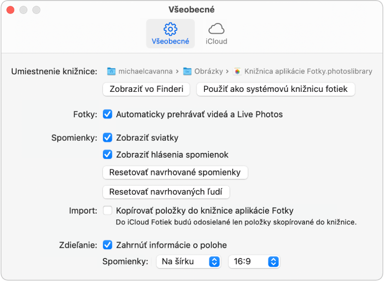 Panel Všeobecné v nastaveniach aplikácie Fotky.