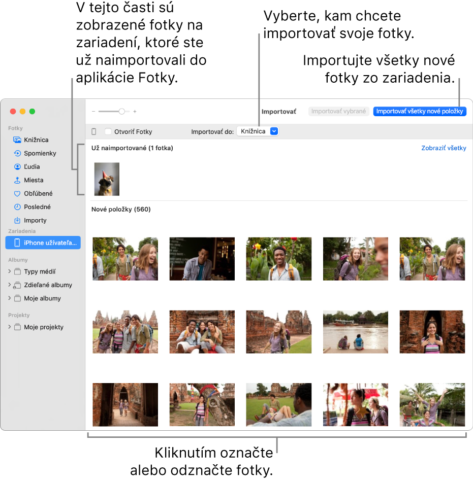 Fotky v zariadení, ktoré ste už naimportovali, sa zobrazia v hornej časti panela a nové fotky sú v spodnej časti. V hornej časti v strede je vyskakovacie menu Importovať do. Tlačidlo Importovať všetky nové položky je v pravom hornom rohu.