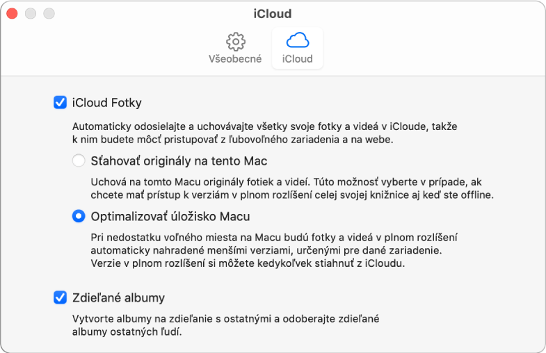 Panel iCloud v nastaveniach aplikácie Fotky.