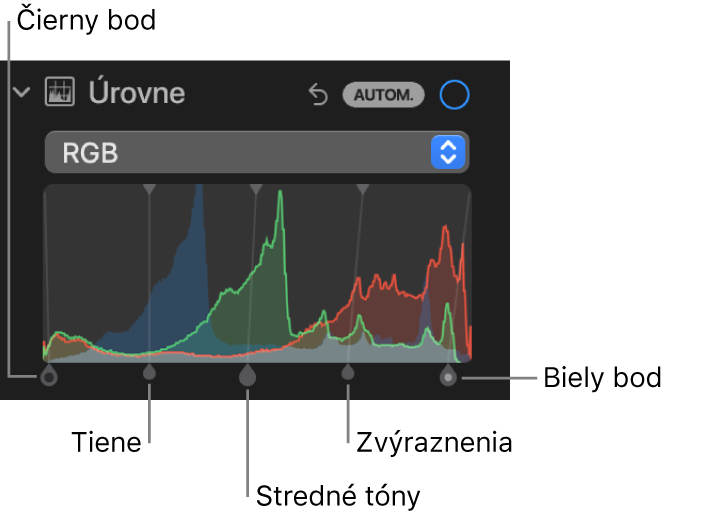 Ovládacie prvky Úrovne na paneli Úpravy zobrazujúce histogram RGB s úchytmi nižšie, vrátane (zľava doprava) čierneho bodu, tieňov, stredných tónov, zvýraznení a bieleho bodu.