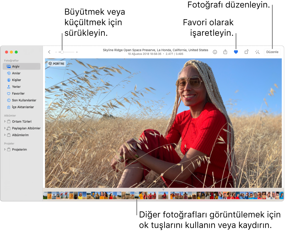 Altında bir satır küçük resimler ile sağda büyütülmüş bir fotoğraf gösteren Fotoğraflar penceresi. Üstteki araç çubuğu Büyütme/küçültme sürgüsünü, Favori düğmesini ve Düzen düğmesini içerir.