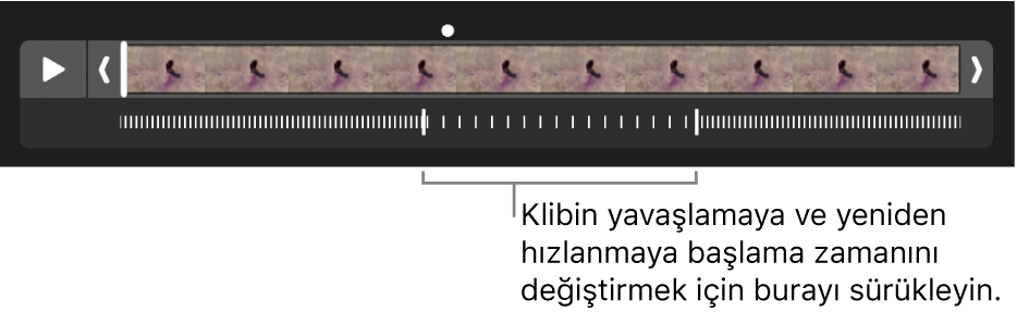 Videonun yavaşlayıp yeniden hızlandığı yeri değiştirmek için sürükleyebileceğiniz tutamaklar ile ağır çekim bir video klip.