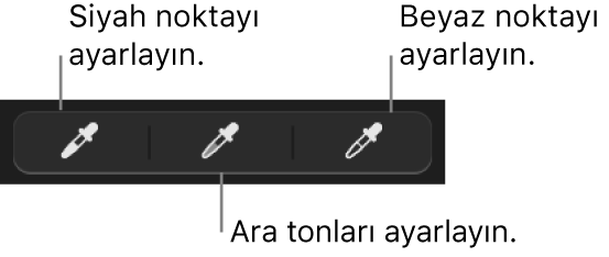 Fotoğrafın siyah noktasını, ara tonlarını veya beyaz noktasını ayarlamak için üç damlalık kullanılır.