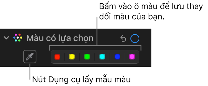 Các điều khiển Màu có lựa chọn trong khung Điều chỉnh, đang hiển thị nút Dụng cụ lấy mẫu màu và ô màu.