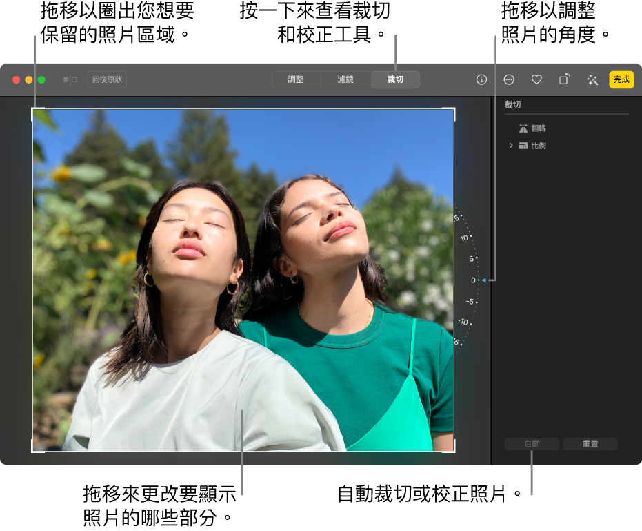 編輯畫面中的照片，已選取工具列中的「裁切」，照片周圍顯示選取矩形，照片右方顯示軸輪，右下方則為「自動」按鈕。