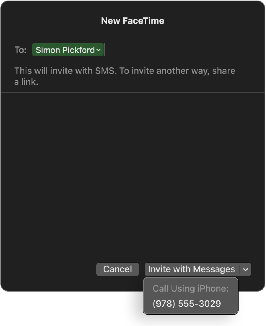The New FaceTime window with a person’s name in the To field. The pop-up window at the bottom says to invite with Messages (send an SMS) or call using iPhone.