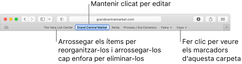 La barra de favorits, amb una carpeta de marcadors. Per editar un marcador o una carpeta de la barra, fes-hi clic i mantén-la premuda. Per reordenar els ítems de la barra, arrossega‘ls. Per eliminar un ítem, arrossega‘l fora de la barra.