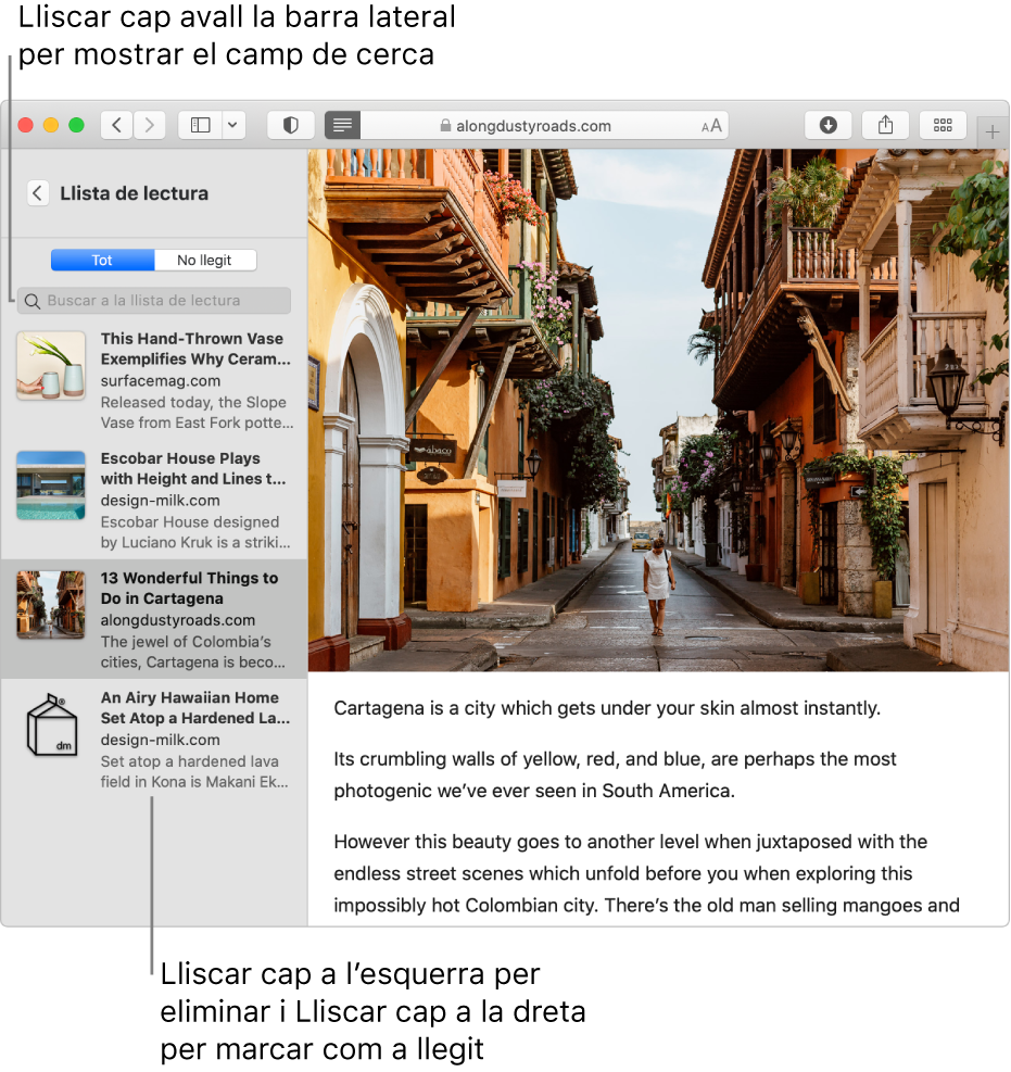 Una finestra del Safari que mostra una llista de lectura.