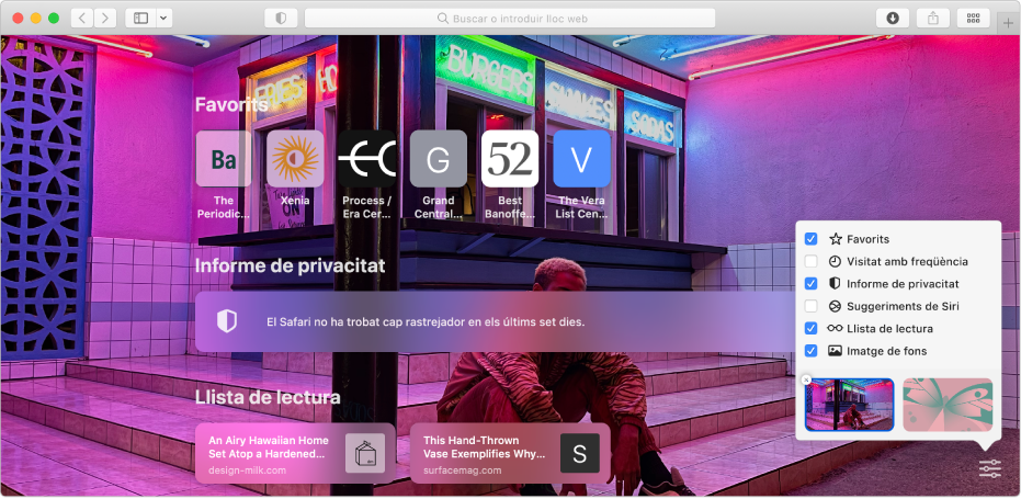 La pàgina principal del Safari, on es mostren els llocs web favorits, un resum de l’informe de privacitat i les opcions de la pàgina principal.