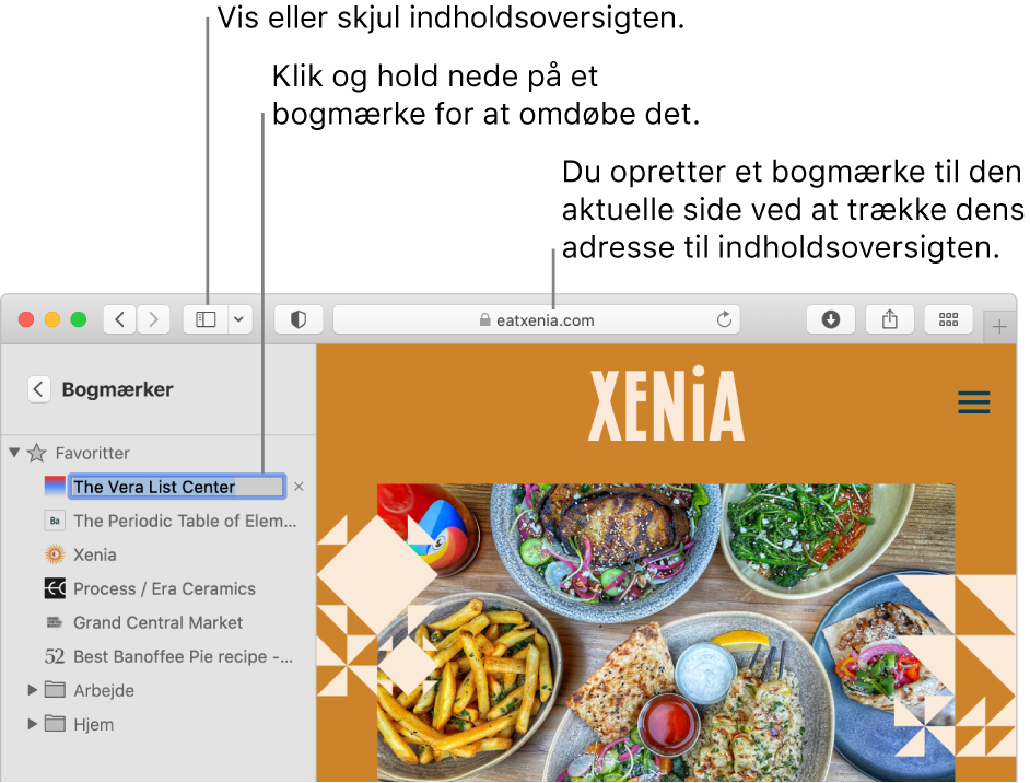 Et Safari-vindue, der viser bogmærker i indholdsoversigten, og et bogmærke, der er valgt til redigering.