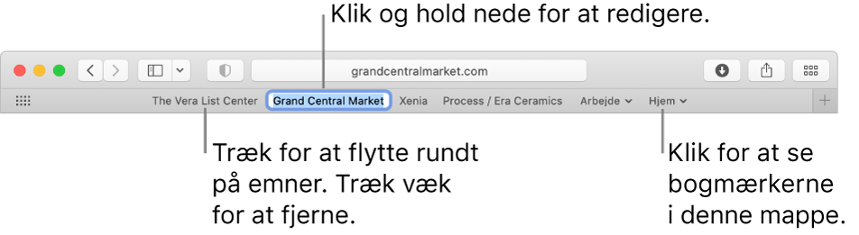 Favoritlinjen med en bogmærkemappe. Du redigerer et bogmærke eller en mappe på linjen ved at klikke på emnet og holde det nede. Du ændrer rækkefølge på emnerne på linjen ved at trække dem. Du fjerner et emne ved at trække det væk fra linjen.