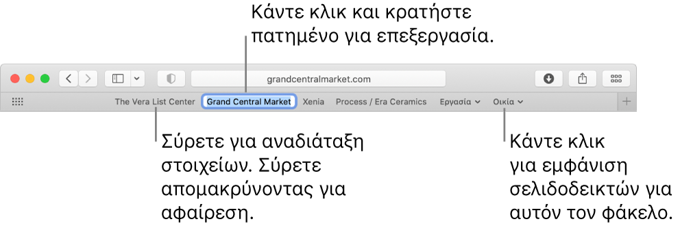 Η γραμμή Αγαπημένων με πολλούς σελιδοδείκτες και έναν φάκελο σελιδοδεικτών. Για την επεξεργασία ενός σελιδοδείκτη ή φακέλου στη γραμμή, κάντε κλικ σε αυτόν παρατεταμένα. Για επαναδιάταξη στοιχείων στη ράβδο, πραγματοποιήστε μεταφορά. Για την αφαίρεση ενός στοιχείου, πραγματοποιήστε μεταφορά μακριά από τη ράβδο.