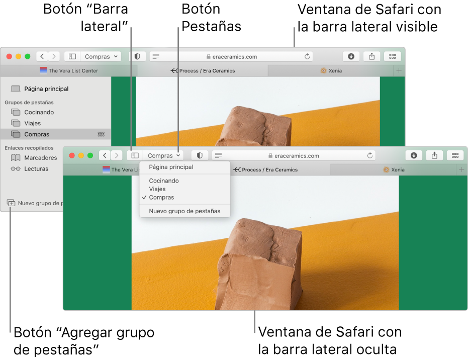 (Grupos de pestañas en dos ventanas de Safari. Una ventana muestra los grupos de pestañas en una lista debajo de la flecha hacia abajo junto al botón de la barra lateral en la barra de herramientas. La otra ventana muestra los mismos grupos de pestañas en la barra lateral).