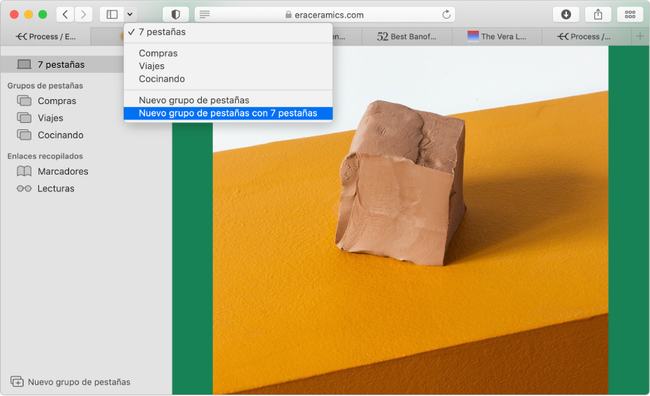 Una ventana de Safari mostrando la barra lateral con los grupos de pestañas existentes, la ventana principal con varias pestañas abiertas, y opciones para crear un nuevo grupo de pestañas.