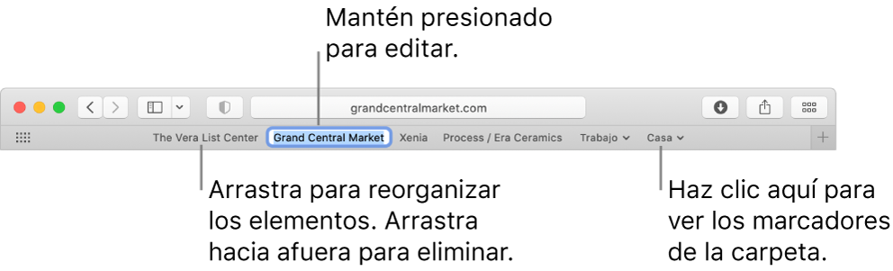 Barra de Favoritos con una carpeta de marcadores. Para editar un marcador o carpeta en la barra, haz clic y mantén presionado. Para reorganizar los elementos en la barra, arrástrelos. Para eliminar un elemento, arrástrelo hacia afuera de la barra.