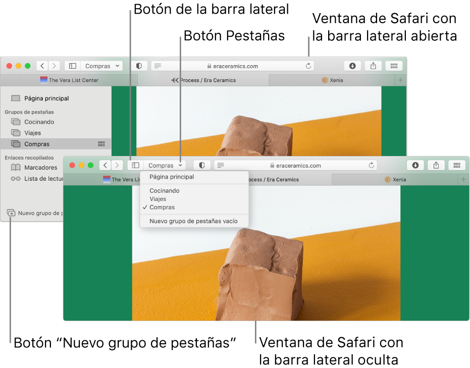 Grupos de pestañas en dos ventanas de Safari. Una ventana muestra los grupos de pestañas en una lista situada debajo de la flecha hacia abajo que aparece en la barra de herramientas, junto al botón de la barra lateral. La otra ventana muestra los grupos de pestañas en la barra lateral.