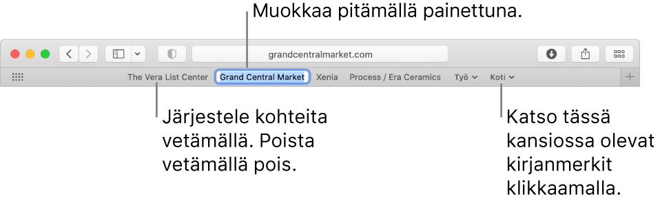 Suosikit-palkki ja kirjanmerkkikansio. Voit muokata palkissa olevaa kirjanmerkkiä tai kansiota pitämällä sitä painettuna. Voit muuttaa kohteiden järjestystä palkissa vetämällä niitä. Voit poistaa kohteen vetämällä sen pois palkista.