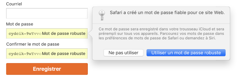 Page d’inscription à un compte affichant un mot de passe créé automatiquement avec le choix de le rejeter ou de l’utiliser.