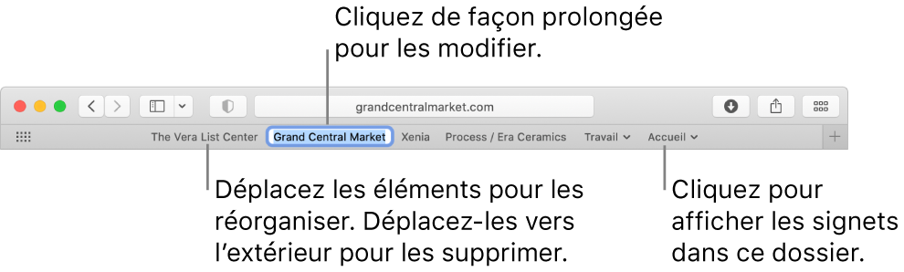 La barre des favoris avec un dossier signets. Pour modifier un signet ou un dossier dans la barre, cliquez dessus de façon prolongée. Pour réorganiser des éléments de la barre, faites-les glisser. Pour supprimer un élément, faites-le glisser en dehors de la barre.