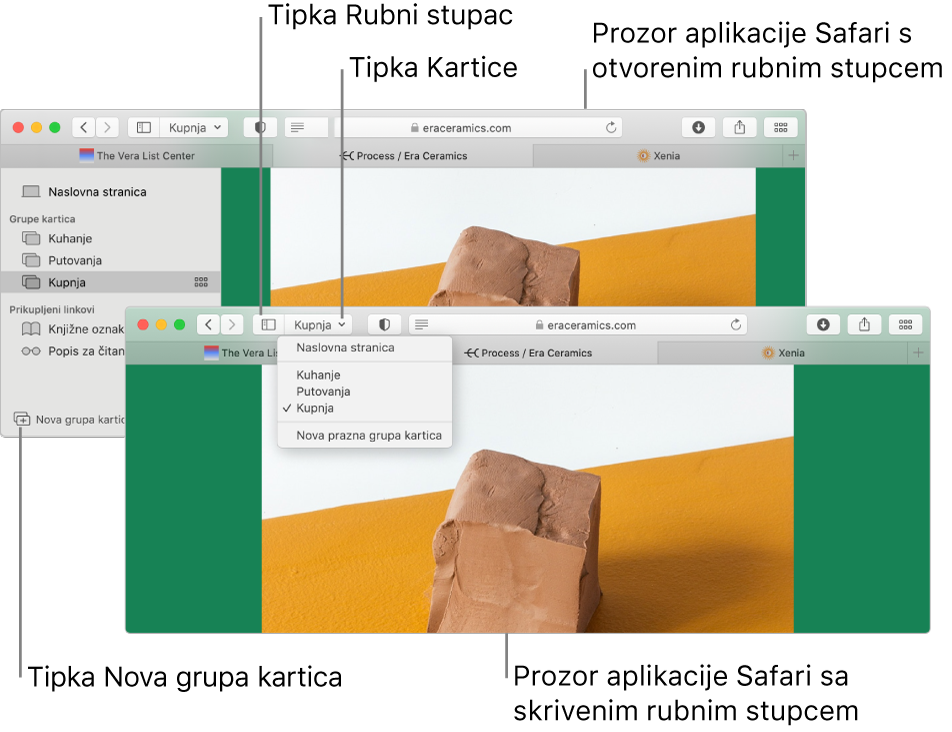 Grupe kartica u dva Safari prozora. Jedan prozor prikazuje Grupe kartica na popisu ispod strelice prema dolje pokraj tipke rubnog stupca u alatnoj traci. Drugi prozor prikazuje iste Grupe kartica u rubnom stupcu.