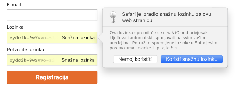 Stranica za izradu računa s prikazom automatski izrađene lozinke i odabira za njezino odbijanje ili prihvaćanje.