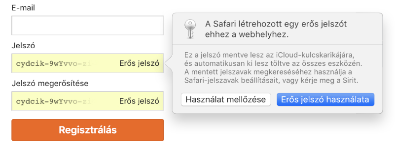 Egy fiók feliratkozási oldala, melyen egy automatikusan létrehozott jelszó látható – a használatra és elutasításra vonatkozó választási lehetőségekkel.