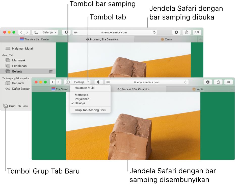 Grup tab di dua jendela Safari. Satu jendela menampilkan Grup Tab dalam daftar di bawah panah bawah di samping tombol bar samping di bar alat. Jendela lainnya menampilkan Grup Tab yang sama di bar samping.